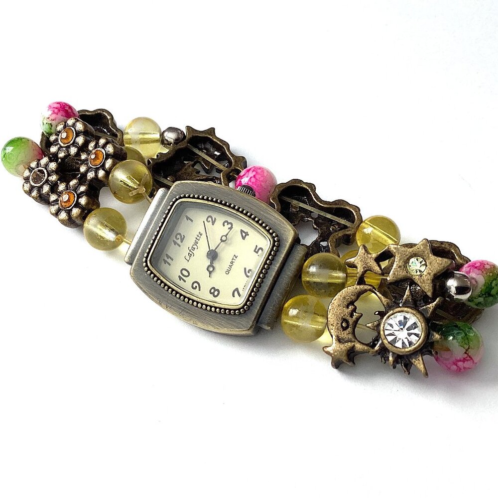 Vintage Beaded Bracelet Watch, Size Med/Large, WORKS! Lafayette Eclectic Boho